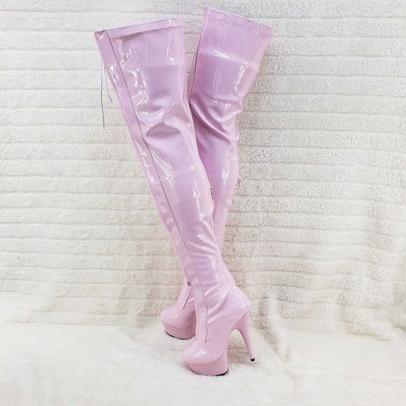 Baby Pink White Patent Platform Thigh High Heel Front Zipper / Lace up Boots - Picture 3 of 12